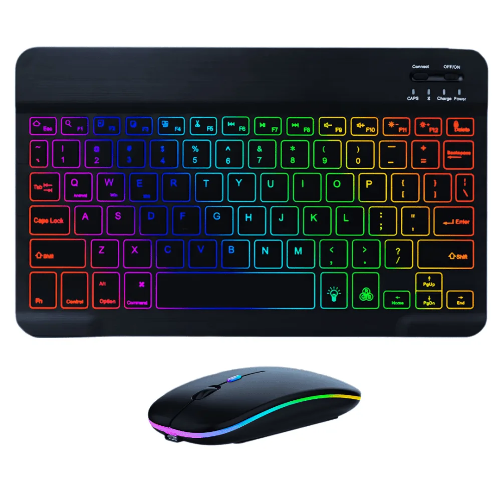 Бездротова Bluetooth Клавіатура з Мишкою на Акумуляторі Ультратонка з RGB Підсвічуванням Українська Розкладка Портативний Переносний Комплект для Android IOS Windows MacOS Чорна