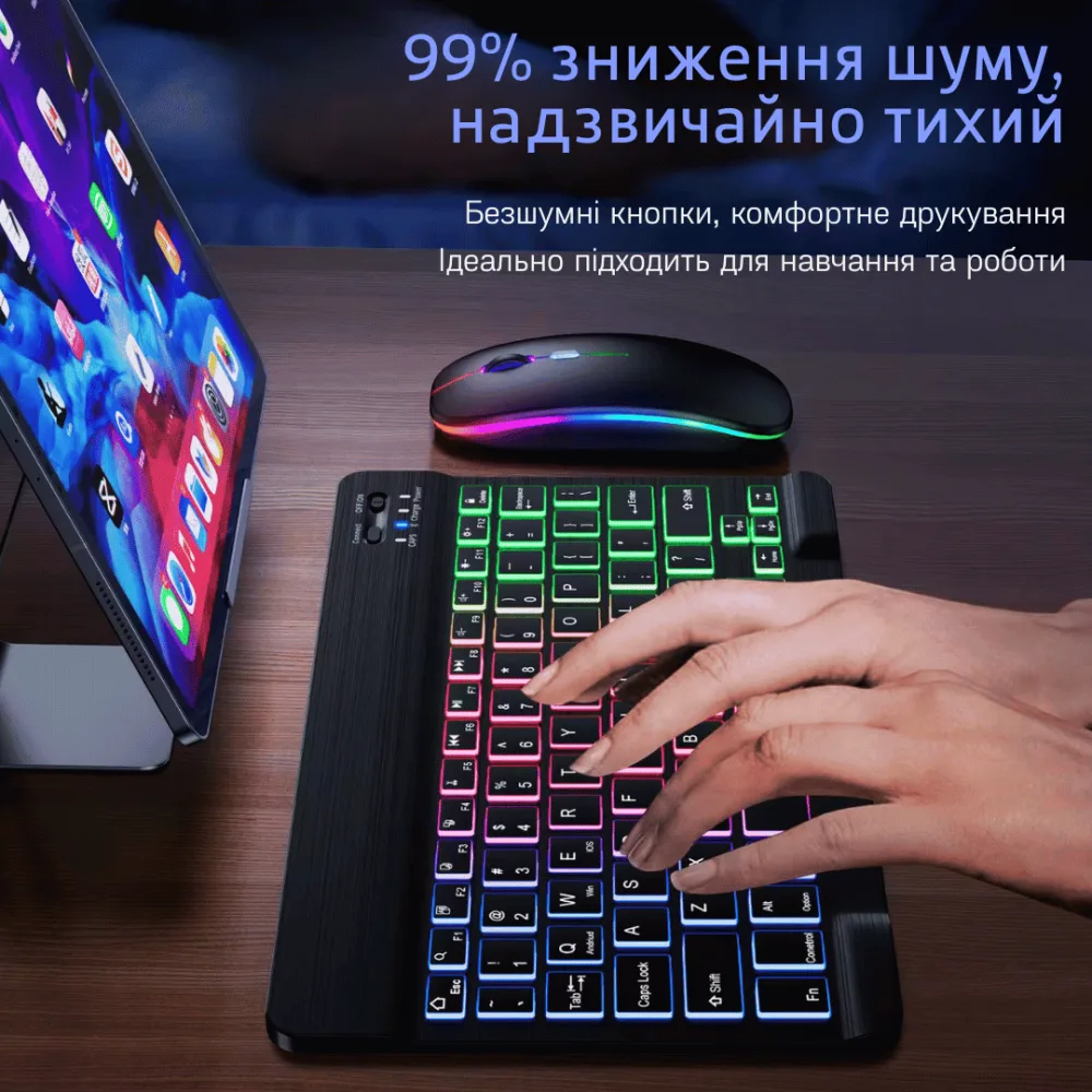 Бездротова Bluetooth Клавіатура з Мишкою на Акумуляторі Ультратонка з RGB Підсвічуванням Українська Розкладка Портативний Переносний Комплект для Android IOS Windows MacOS Чорна — фото 6