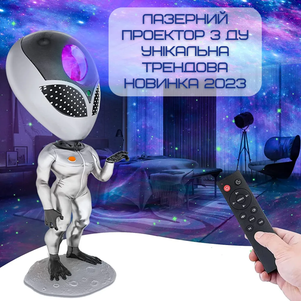 Лазерний Проектор Зоряного Неба Прибулець 8 Режимів + 5 Рівнів Інтенсивності Нічник Для Дітей та Дорослих з Функцією Повторення Слів та Таймером AlienSUN — фото 2