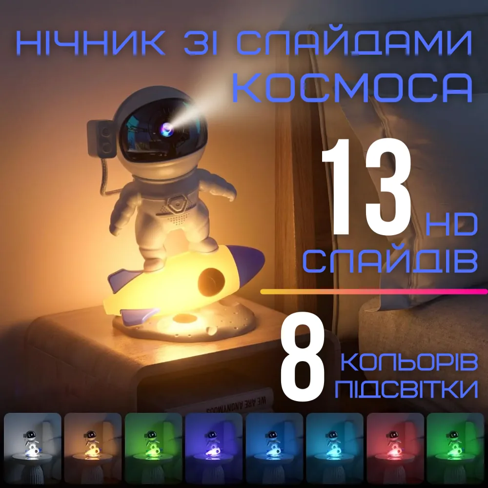 Лазерний Проектор Планетарій Зіркової Галактики Космонавт з 13 Слайдами Світлодіодний LED Нічник Для Дорослих та Дітей — фото 2