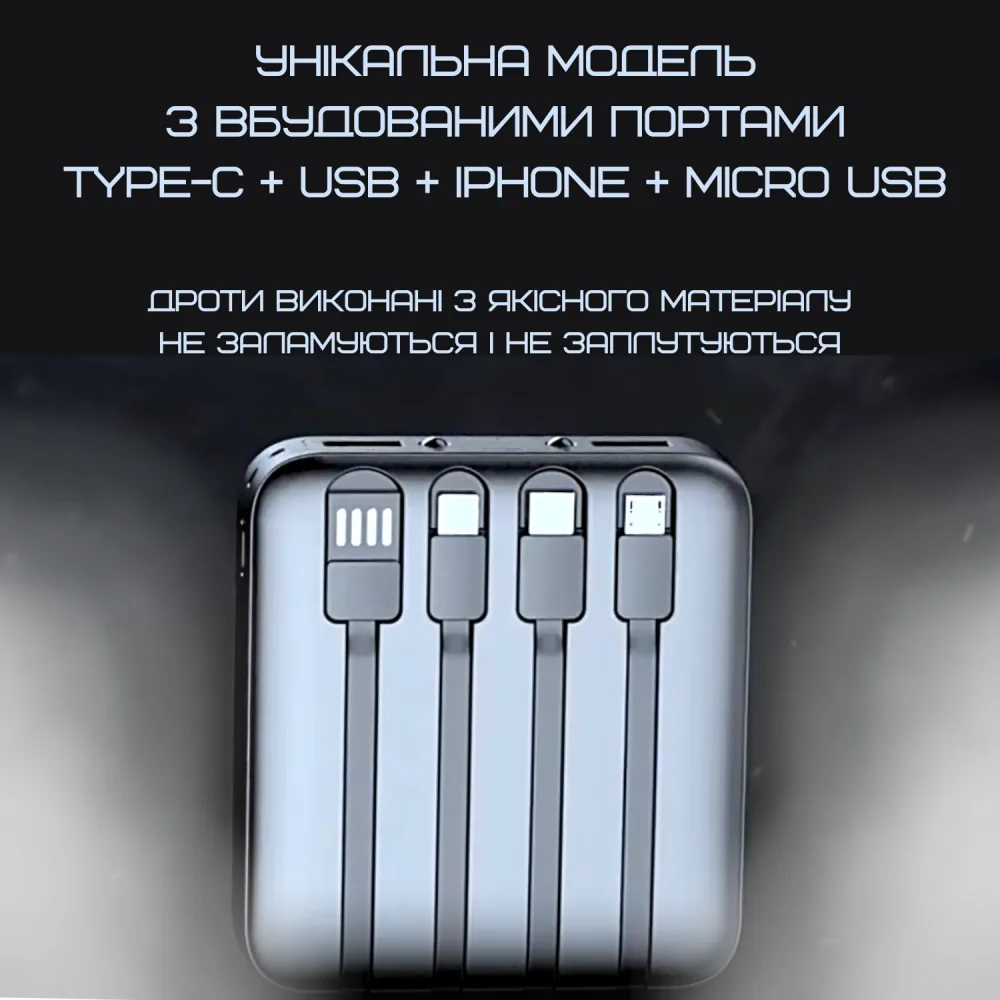 Міні Повербанк 5в1 20000 mAh на 4 Вихода Кишеньковий Зовнішній Акумулятор з Вбудованими Портами TYPE-C + USB + Iphone + Micro USB з Ліхтариком та LED Індикатором DEJI Mini M20 — фото 3